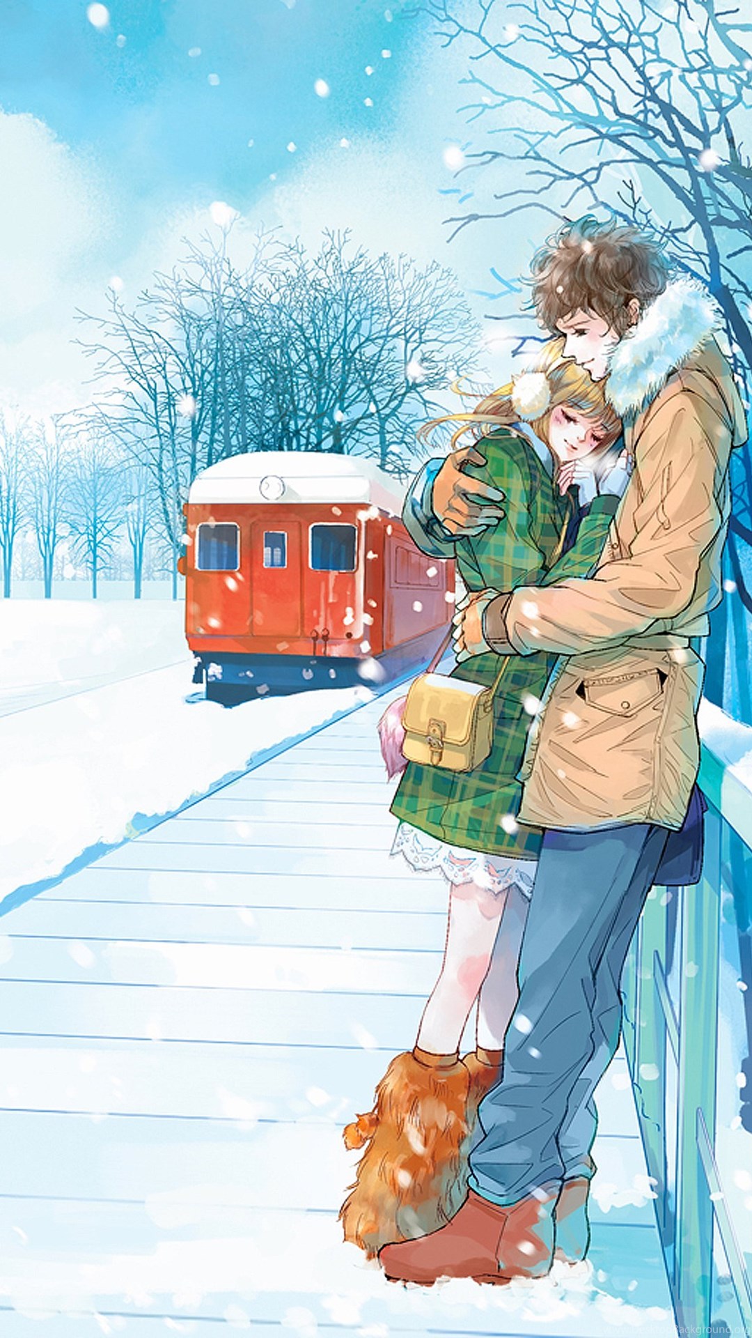 Red Train Anime  Couple  Snow Romantic Love Tree Wallpapers  