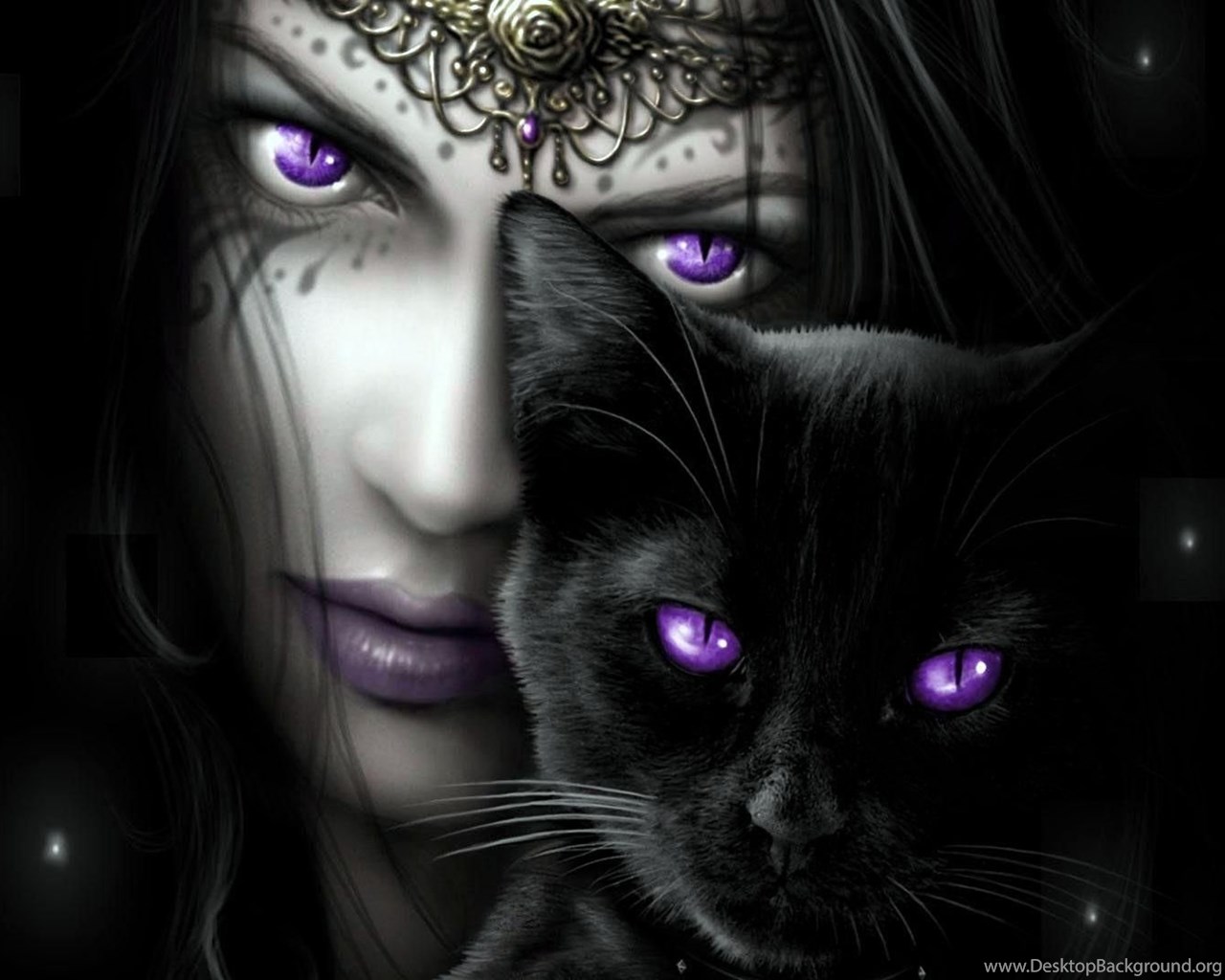 Download Purple Eyed Woman With Her Black Cat Wallpapers Fantasy ... 