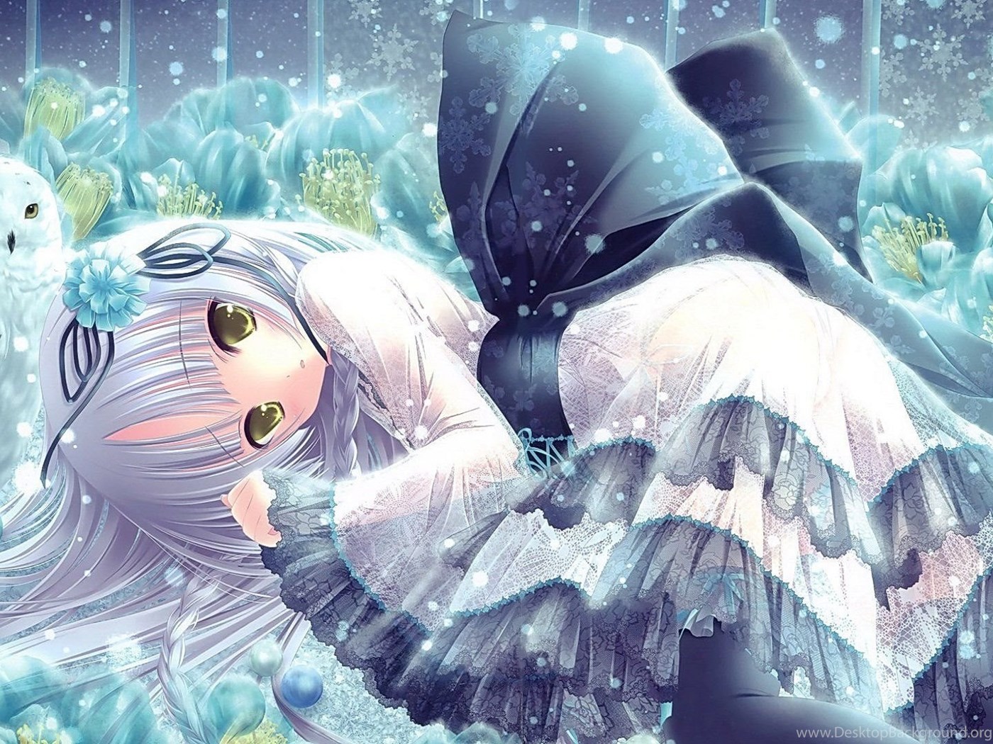 Anime Girl With White Hair Yellow Eyes Winter With Owl White Dress Desktop Background Anime Girl With White Hair Yellow Eyes Winter With Owl White Dress Desktop Background