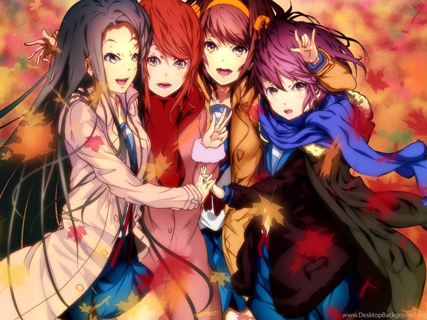 Anime Wallpaper Girls Friends Leaves Autumn Background Manga Desktop Background