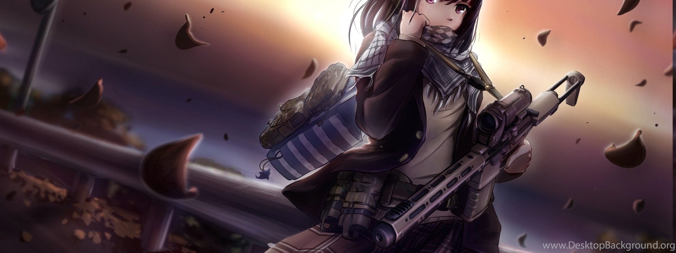 Anime Girls Anime Scarf Original Characters Black Hair Gun Desktop Background