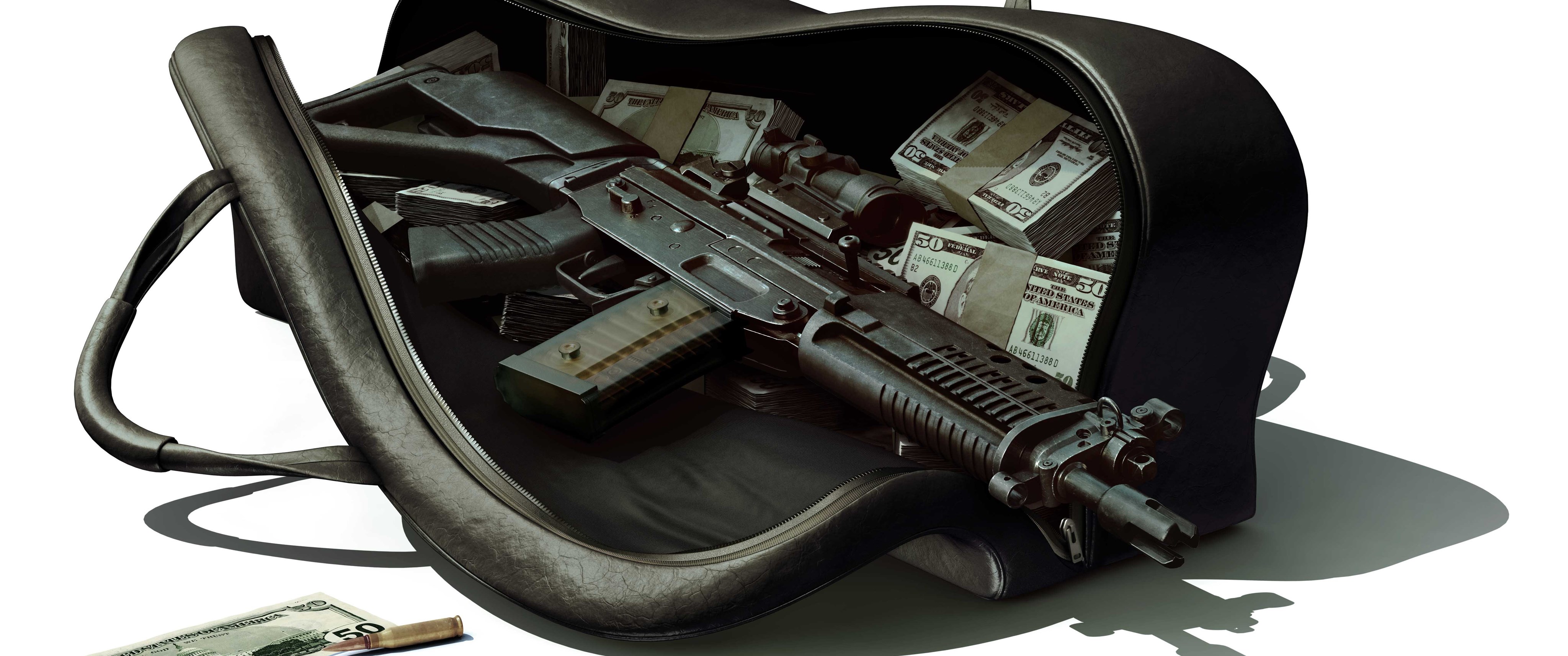 Деньги оружие машины. Стол с деньгами и оружием. Сумка для автомата. Сумка с деньгами и оружием.