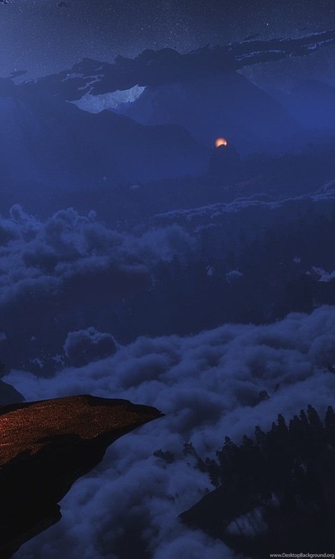 Blue Clouds Landscapes Fire Men People Fantasy Art