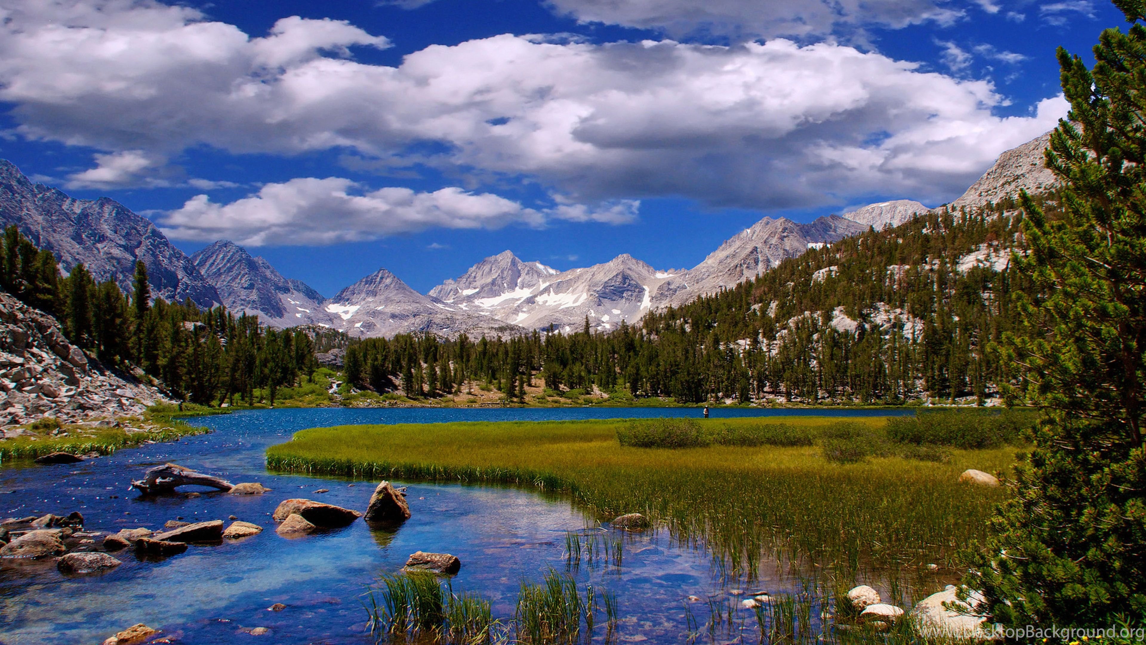 Beautiful Landscape Scenery River Grass Mountains And White