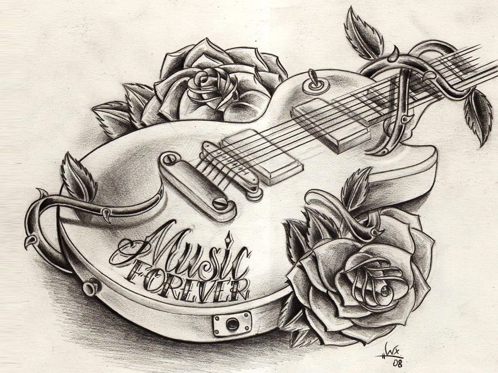 Create a unique tattoo design inspired by my passion for the electric guitar  and video games. It could be an abstract representation of musical notes  and pixel graphics. tattoo idea | TattoosAI