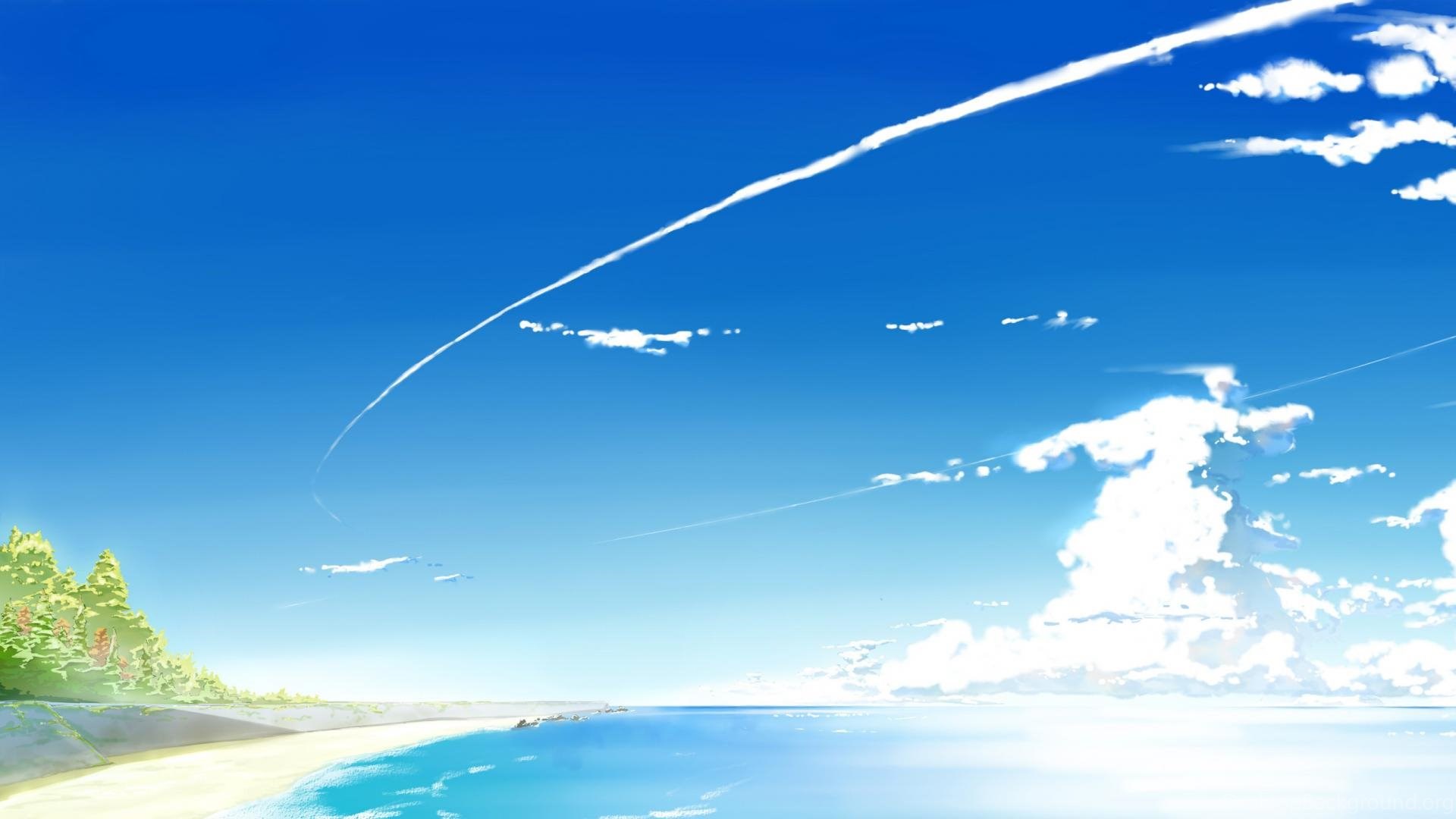 Sea Beach Sky Clouds Anime Desktop Background.