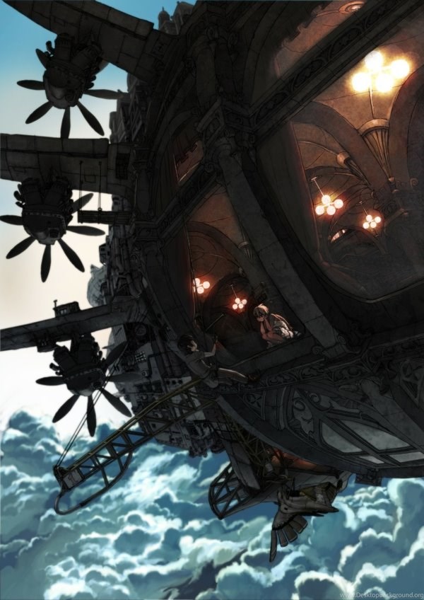 Clouds Steampunk Anime Girls Flying Anime Boys Airship Clouds Desktop Background Sometimes steampunk stories take place in a pure fantasy realm. clouds steampunk anime girls flying