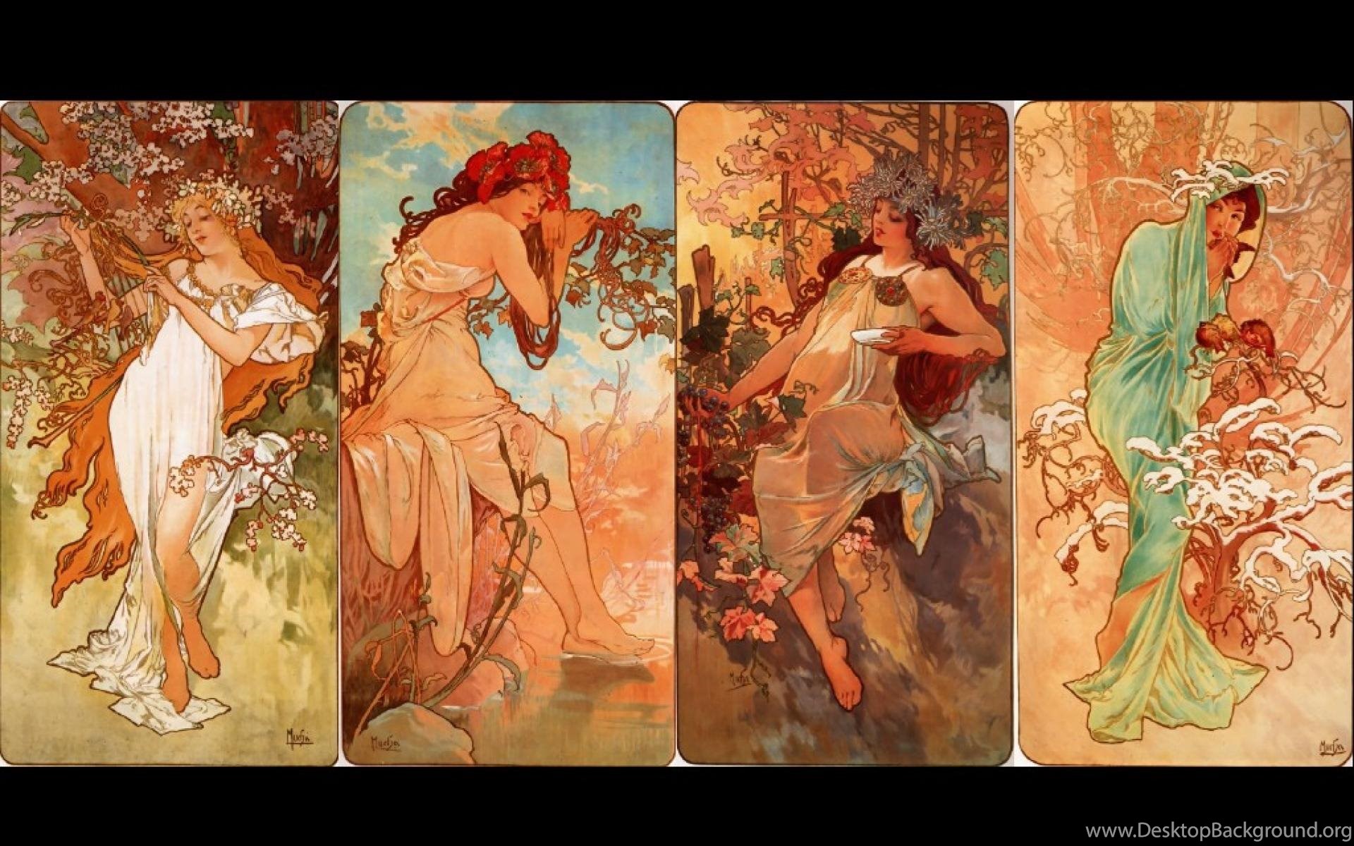 Alphonse Mucha Autumn Paintings Seasons Spring Wallpapers Desktop Background