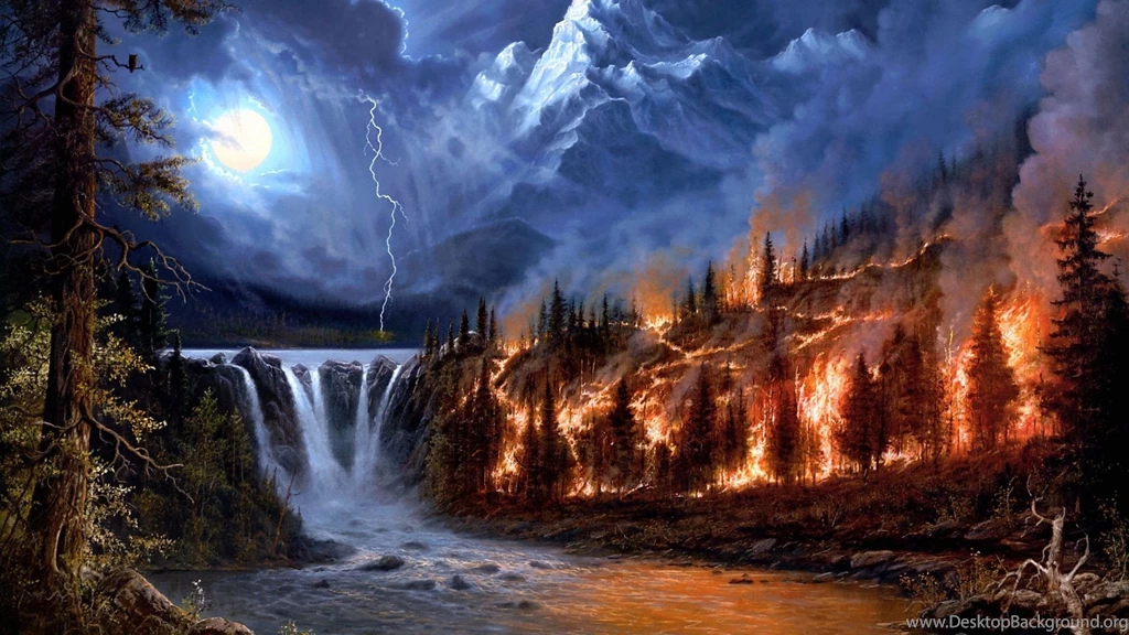 Download Wallpapers 2560x1440 Fire, Lightning, Moon, Night, Wood ...