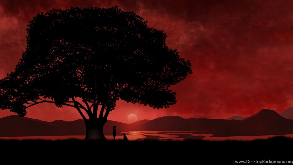 2560x1440 Anime Red Sunset & Tree Desktop PC And Mac Wallpapers