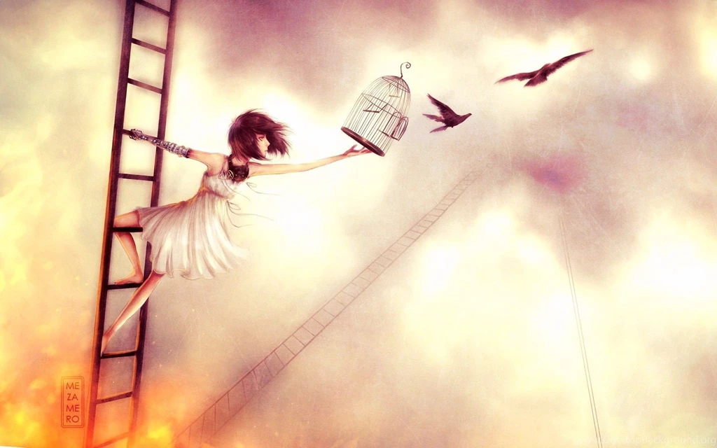 Manga Anime Wallpaper, Ladder, Girl, Art, Birds, Cage, Freedom
