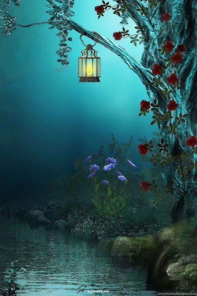 Fantasy Flowers Forest Lamps Nature Night Red Roses River