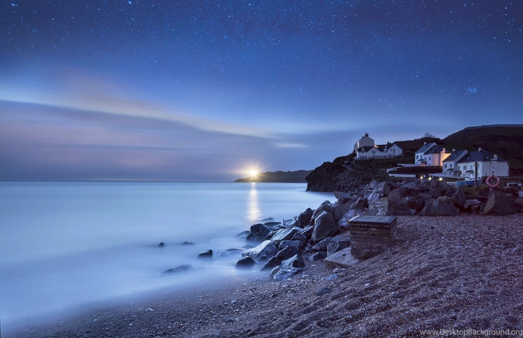 Sea Lighthouse Home Night Stars Beach Wallpapers