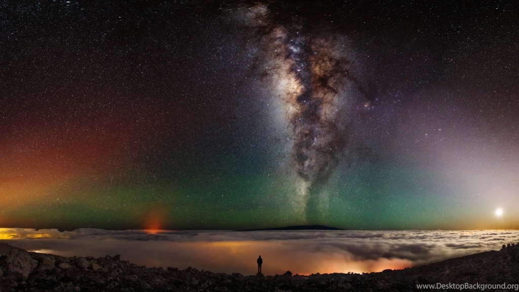 Man Standing At Edge Of Volcano With Milky Way, Planets In ...