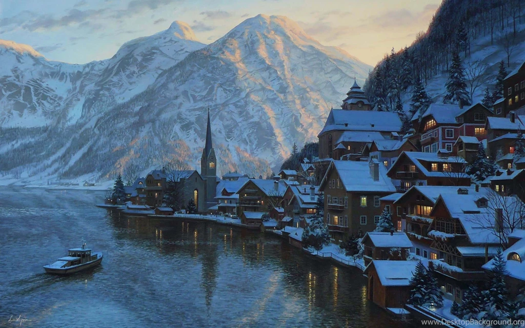 HD Wallpapers Painting Snow, Painting, Landscape, Boat, Winter ...