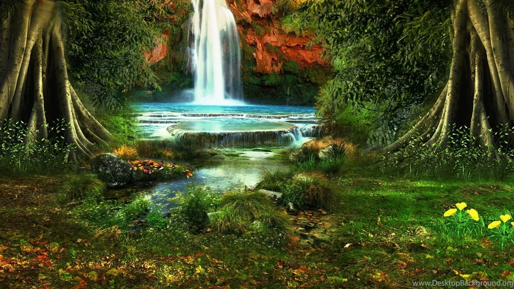 Download Wallpapers 1920x1080 Waterfall, Trees, Vegetation, Nature ...