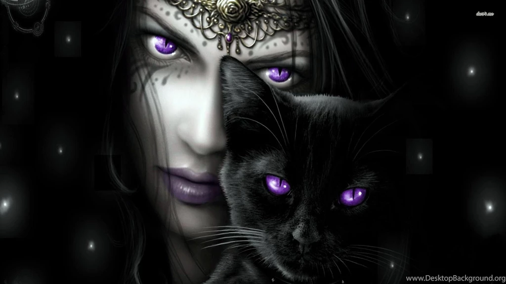 Purple Eyed Woman With Her Black Cat Wallpapers Fantasy ...