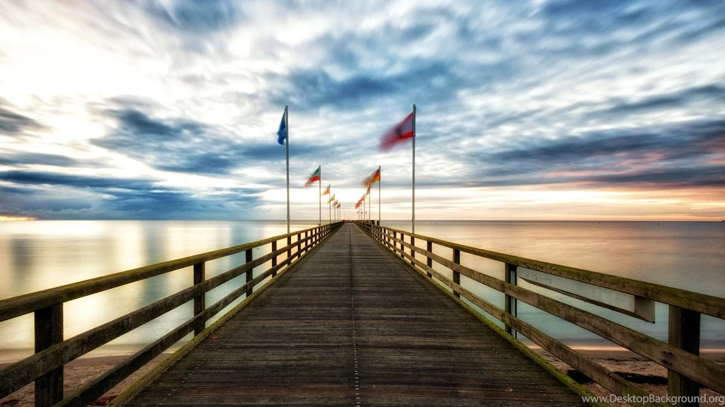 Bridges: Flags Flapping Wonderful Sea Pier Sunset Clouds Wind HD ...