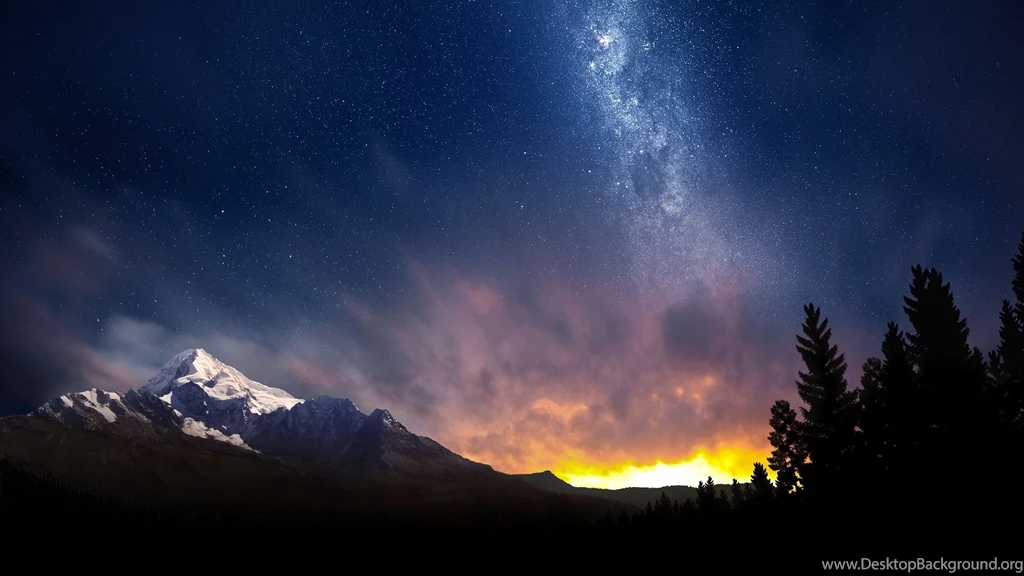 Milky Way Over The Mountains, Tree, Sun, Sky, Star, Digital art ...
