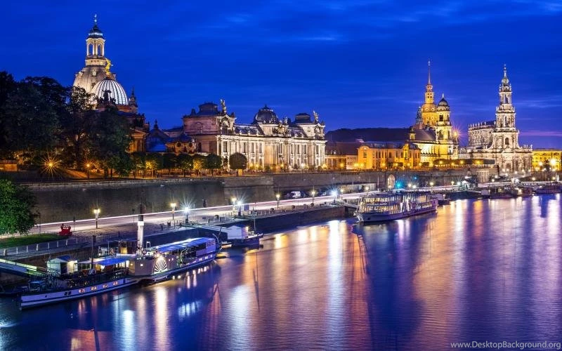 Germany, Dresden, Altstadt, City, Night, Lights, River, Buildings ...