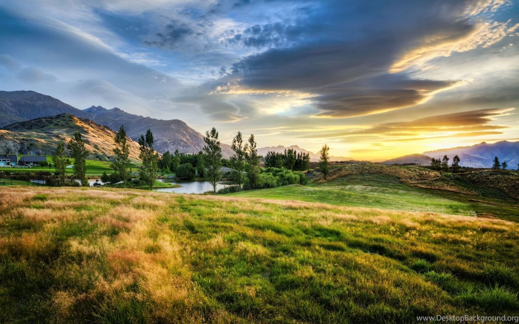 New Zealand Sunset Prairie Mountains Pond Landscape Wallpapers ...
