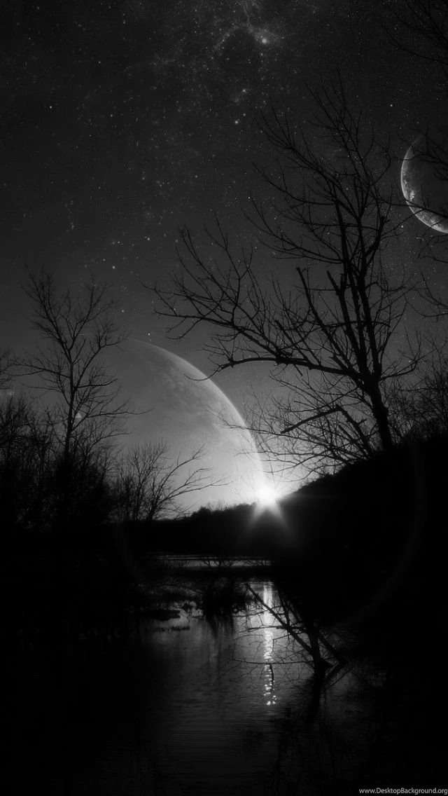 Black White Space Scene Two Moons iPhone 5 Wallpapers