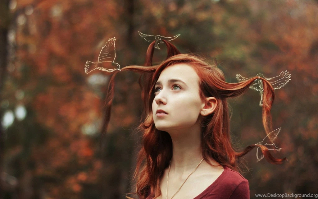 Redhead girl birds art photo wallpaper 1920x1200 Magic4Walls.com