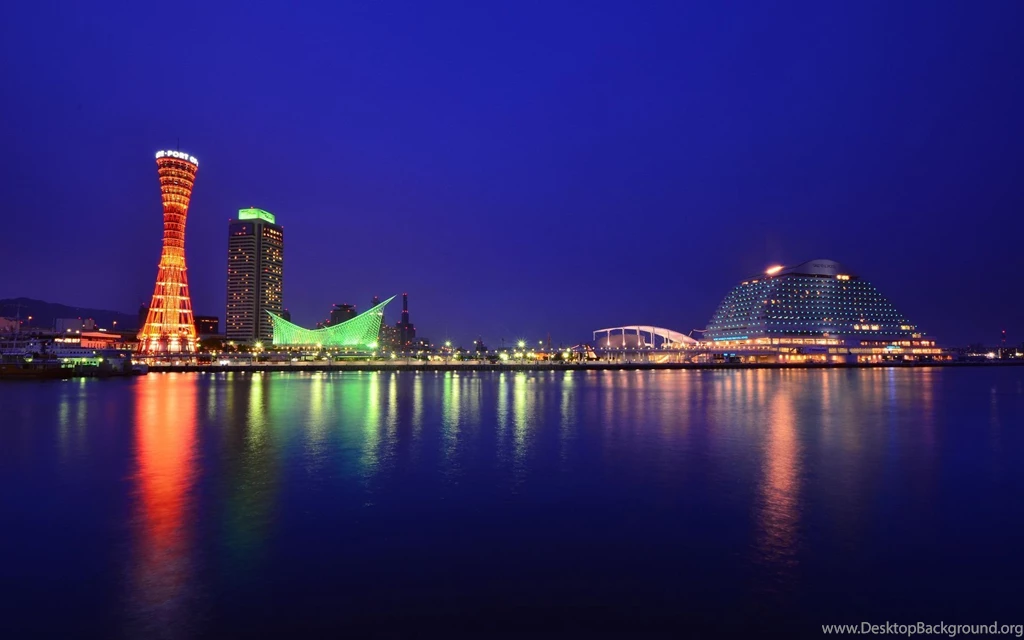 Japan Honshu Kobe City Port Buildings Tower Light Night Blue Sky ...