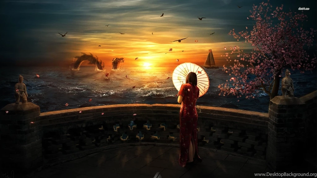 Geisha Watching The Dragon In The Sea Wallpapers Fantasy ...