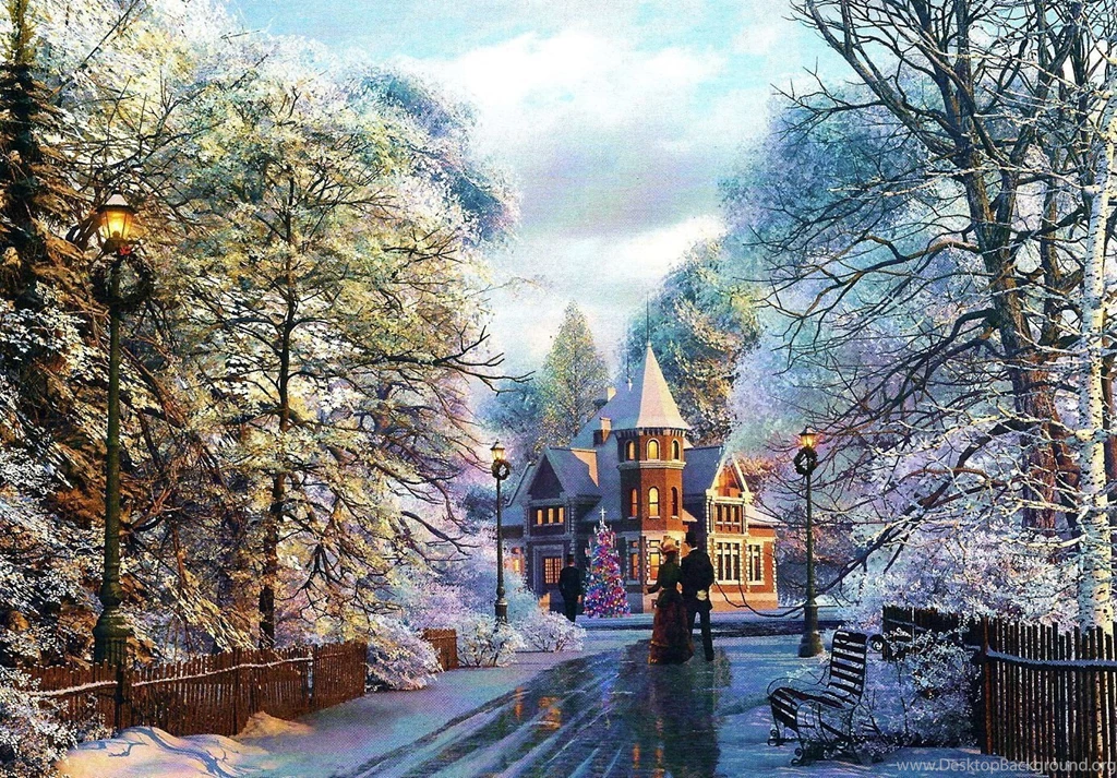 Ancient Country Manor Christmas Time Snow Tree Road Building House ...