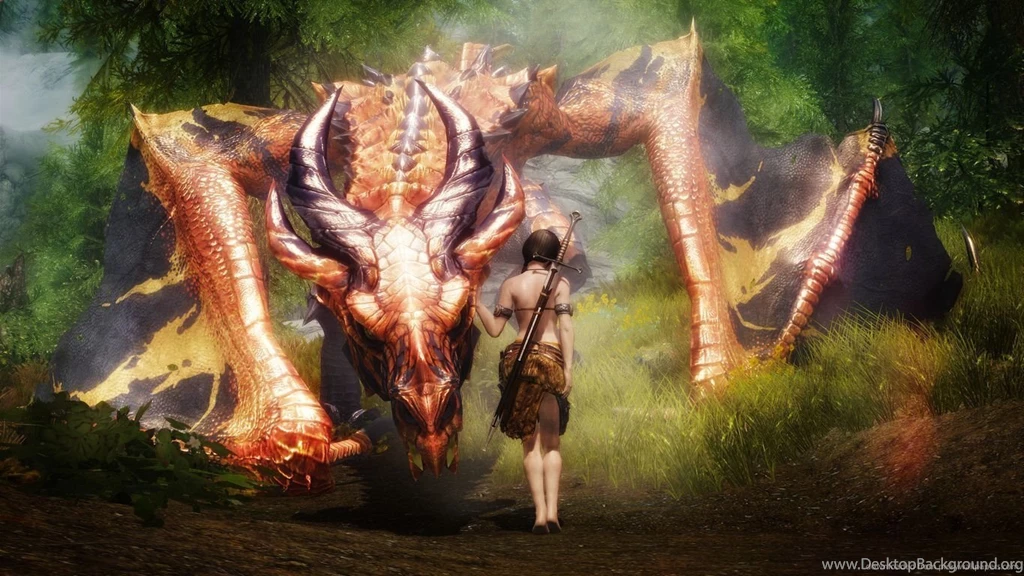 Download 1366x768 Skyrim Lady And A Dragon Wallpapers