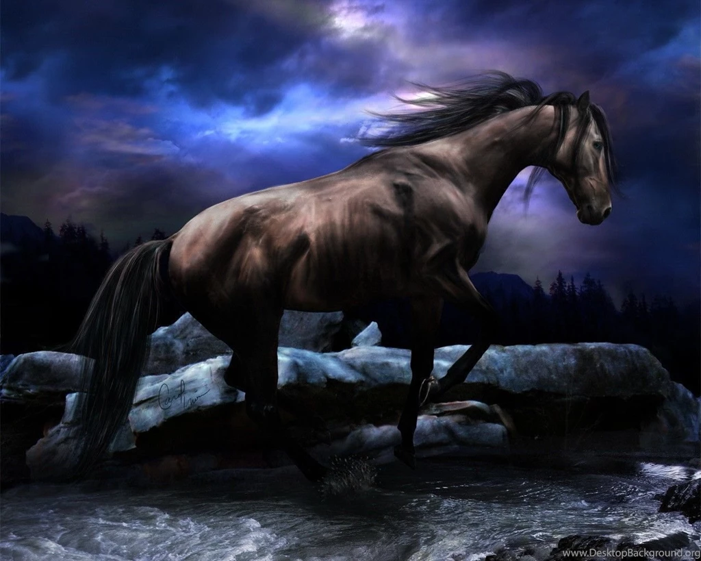 Paintings Horses Streams Nighttime