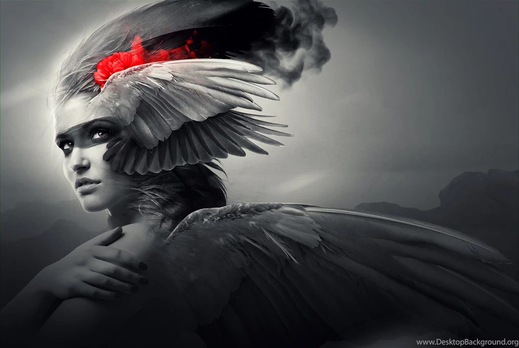 Fantasy Girl B w Face Beauty Beautiful Red Wings Woman Wallpapers ...