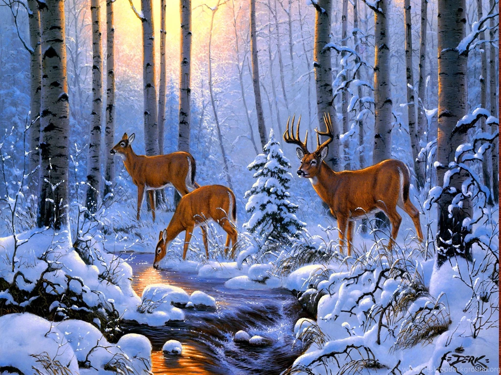 DEERS IN WINTER FOREST WALLPAPER (