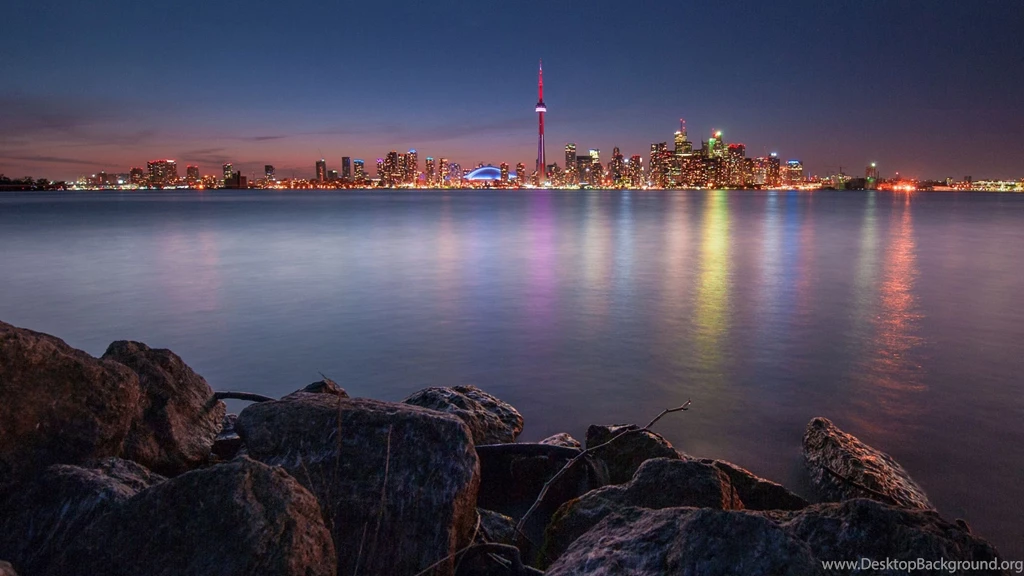 Download Wallpapers 2560x1440 Canada, Lake, Rocks, Night, City ...