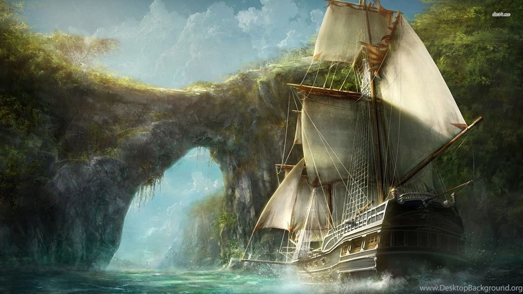 Medieval Ship Entering The Island Wallpapers   Fantasy Wallpapers ...