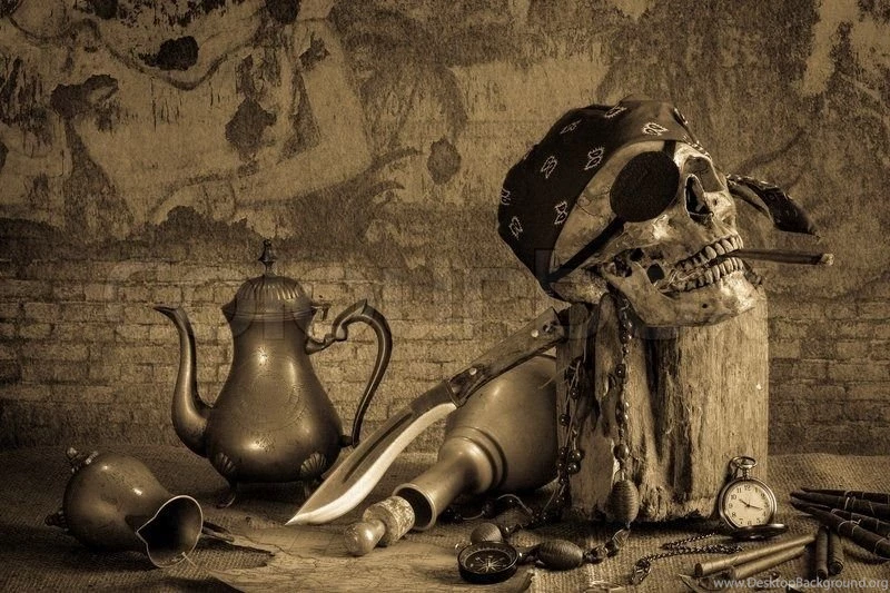 Still Life, Pirate Skull With Cigar In The Mouth On The Log ...