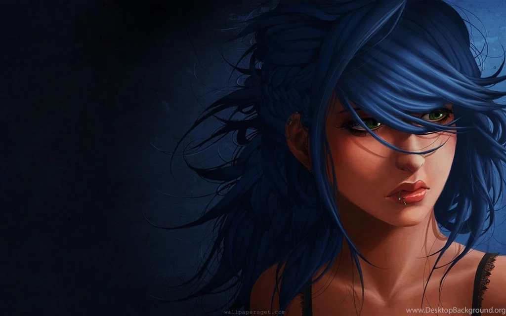 Download Fantasy Beautiful Green Eyes Blue Hair Girl Art Wallpapers ...
