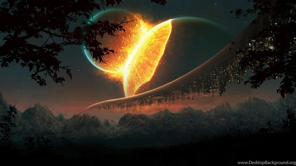 Mountains Nature Outer Space Trees Stars Buildings Collision ...