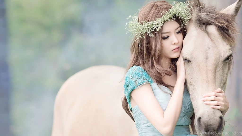 Download Wallpapers 1920x1080 Girl, Asian, Horse, Wreath, Mood ...