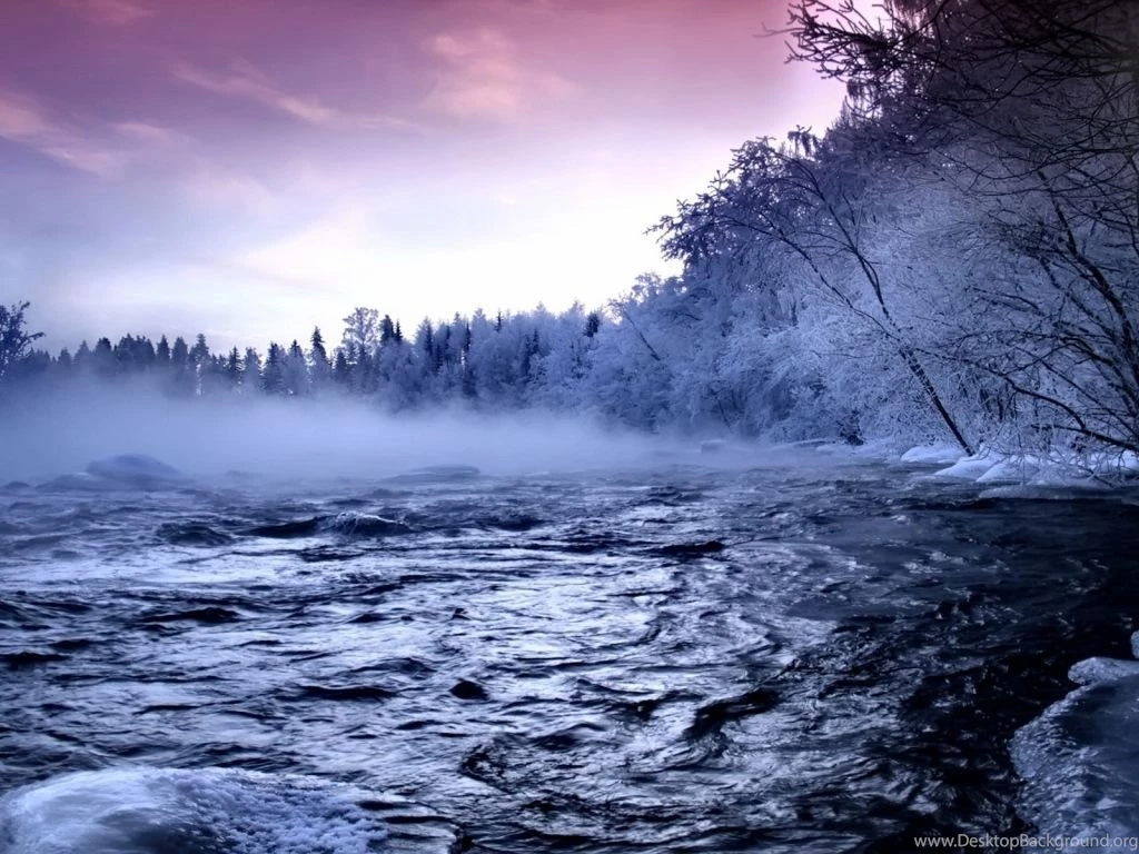 Download Wallpapers 1024x768 River, Ice, Trees, Fog, Current ...