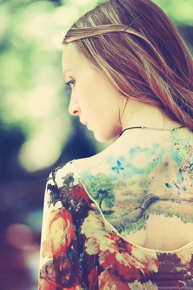 Download Wallpapers 640x960 Girl, Back, Dress, Tattoos, Nature ...