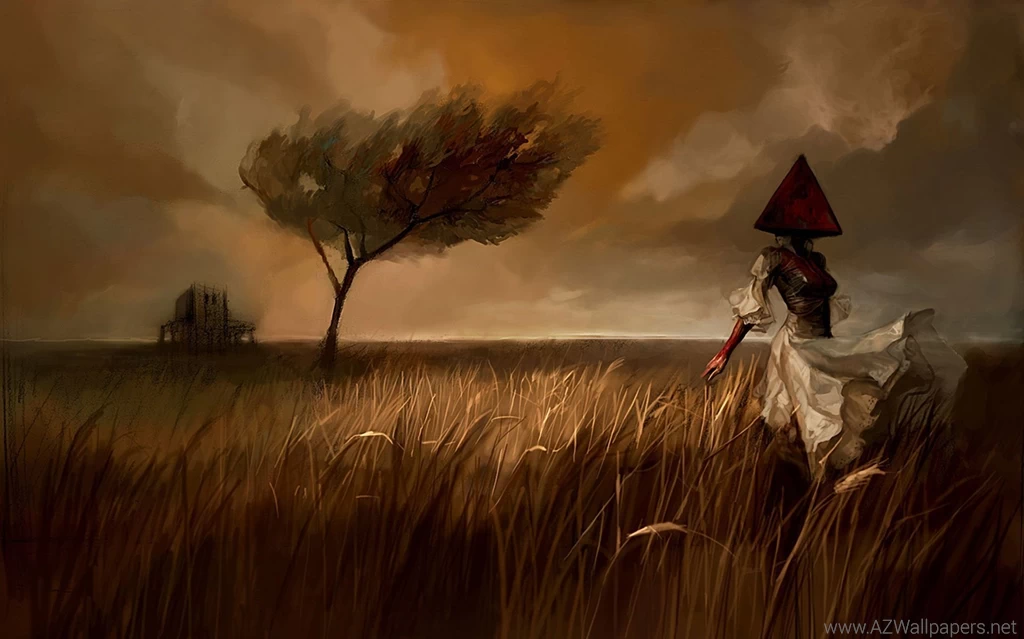 Painting, Field, Silent Hill, Wind, Woman, Tree, Surrealism, Wallpapers