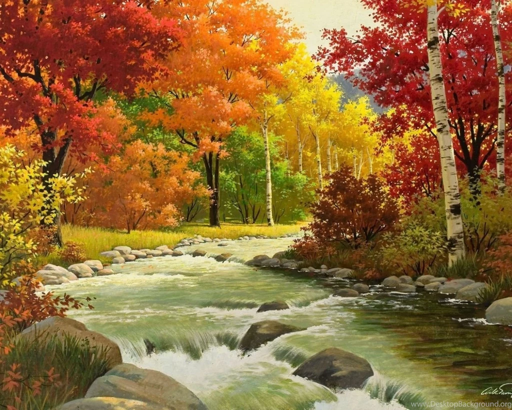 Download Wallpapers 1280x1024 Autumn, Landscape, Painting, River ...