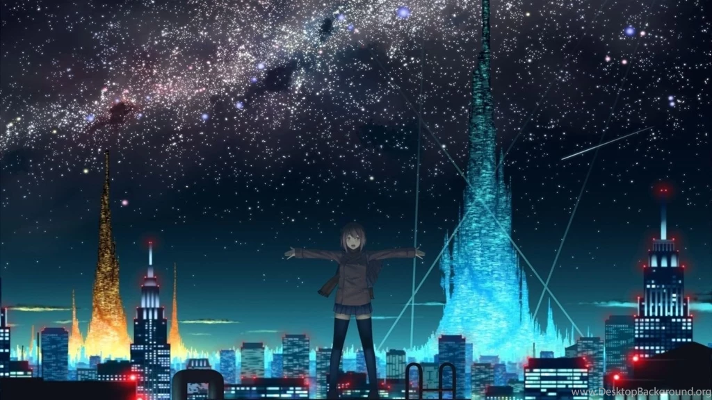 1366x768 Anime, City, Lights, Girl, Roof, The Sky, Night ...