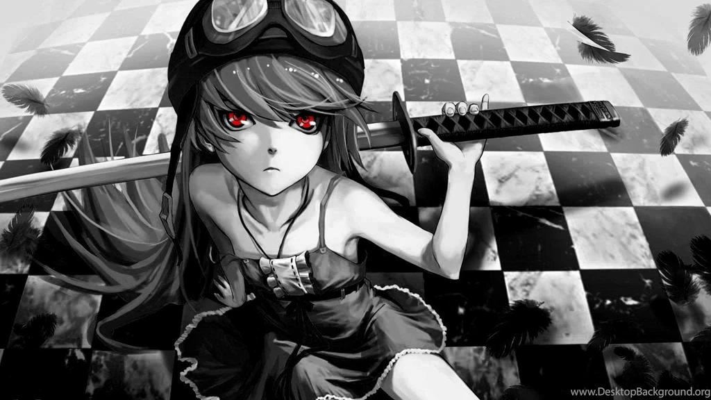 Sword Anime Girl Long Hair Black White Wallpapers