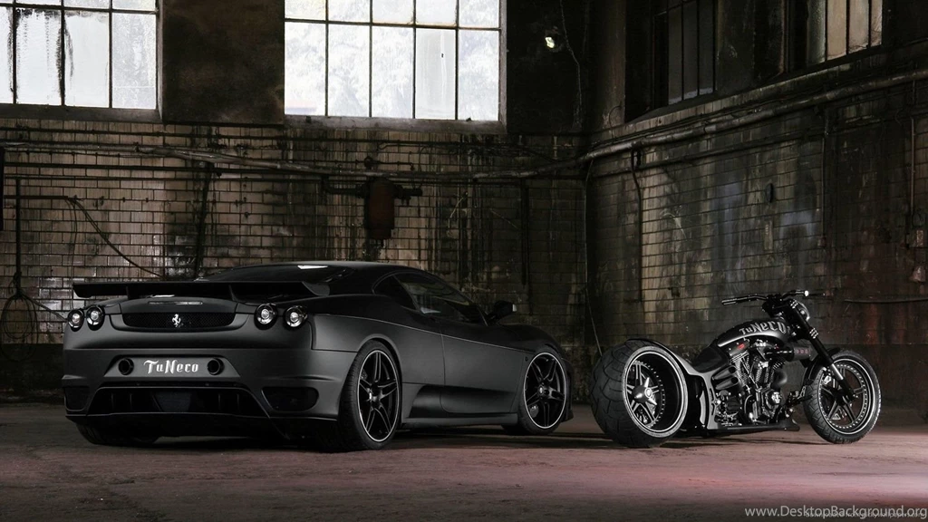 Download 1600x900 Black Ferrari F430 And Motorbike Wallpapers