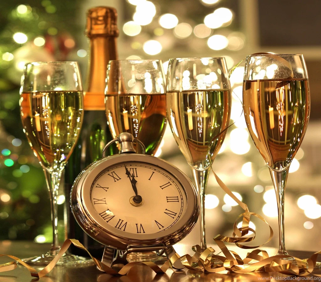 New Year Christmas Glasses Champagne Clock Hd Wallpapers