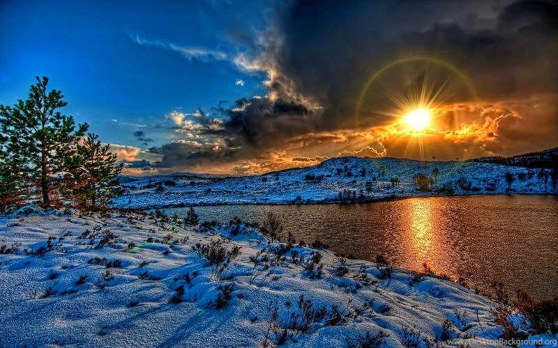 Winter Landscape, Sunset, Snow, River, Sky, Clouds, White, Shadow ...
