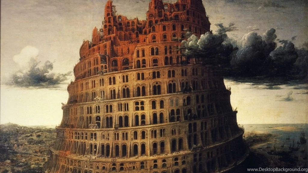 Download Wallpapers 1366x768 Tower, Babylon, Painting, Creative ...